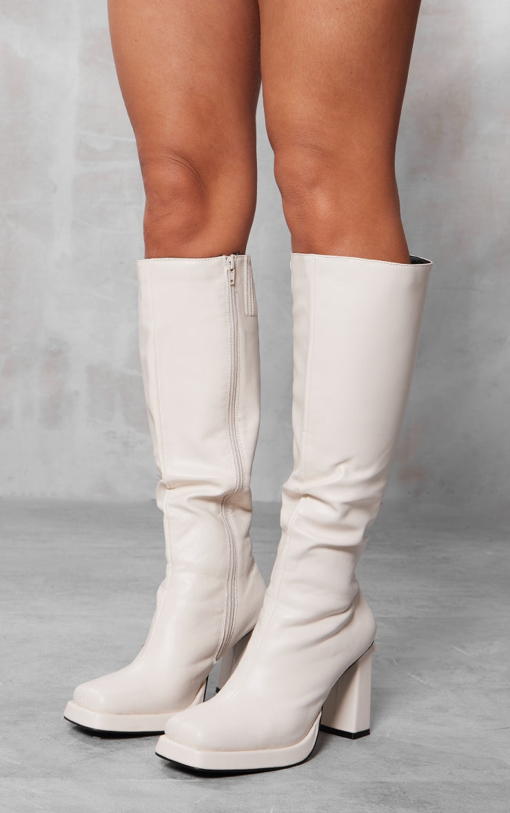 Cream Slight Platform Block Heel Square Toe Knee Boots