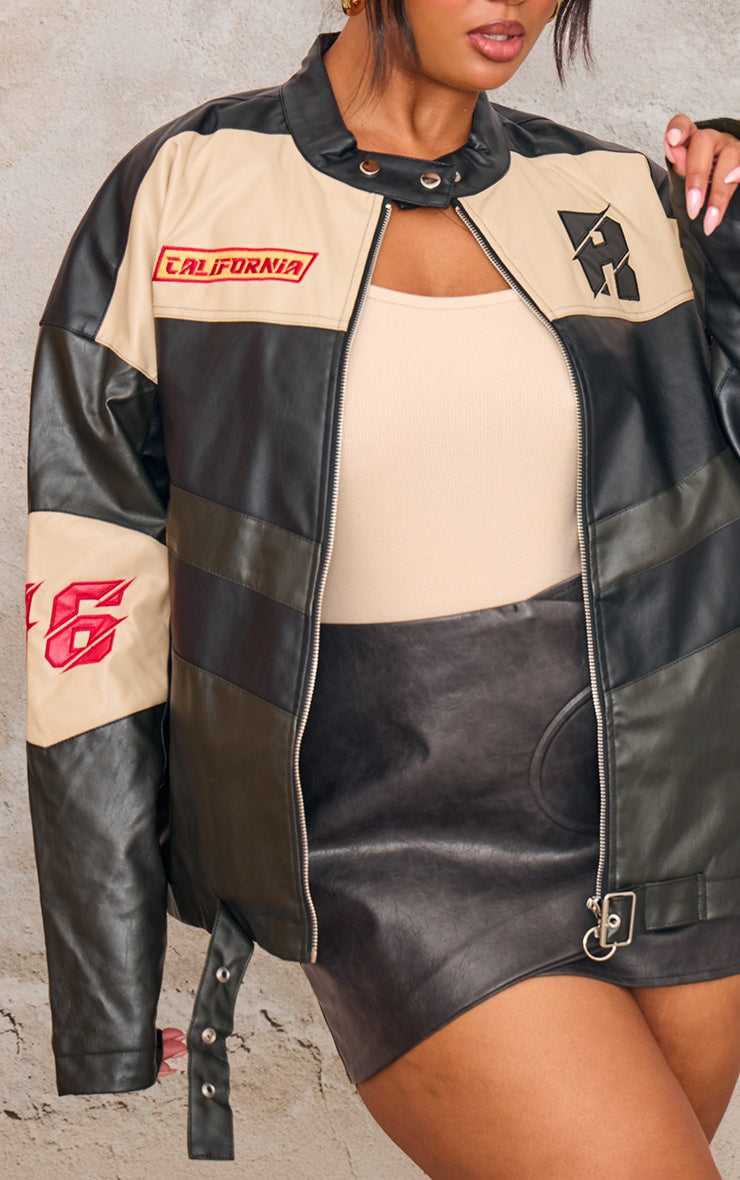 Plus Black Contrast Panel Oversized Faux Leather Motocross Jacket