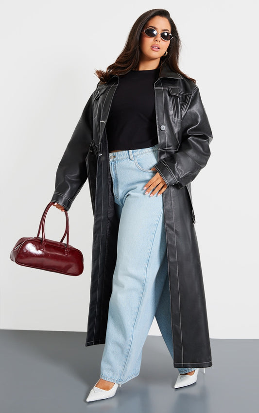 Plus Black Faux Leather Contrast Stitch Split Hem Trench Coat