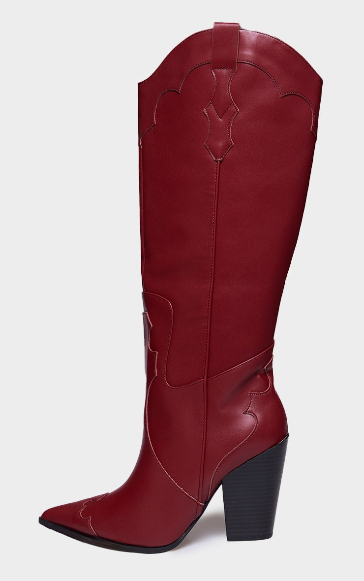 Burgundy Wide Fit PU Point Toe Knee High Heeled Western Boots