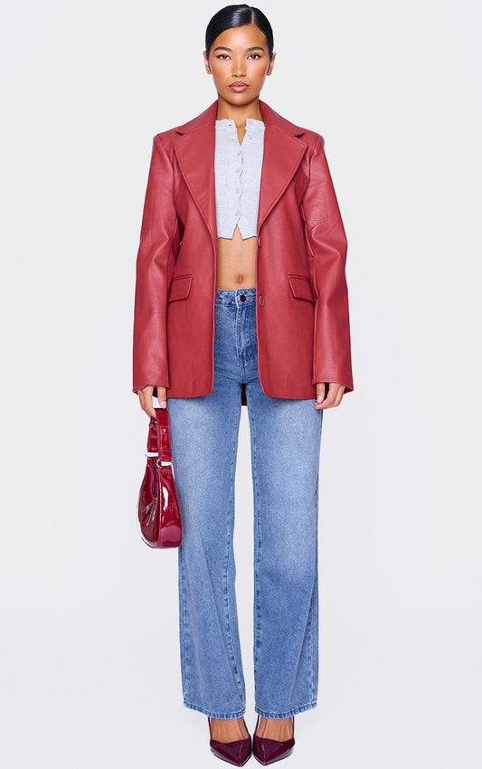 Cherry Red Textured Faux Leather Blazer