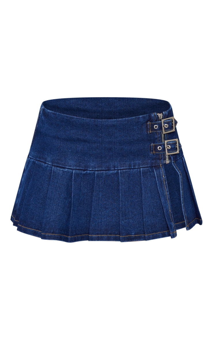 Indigo Vintage Wash Denim Buckle Detail Ultra Mini Skirt