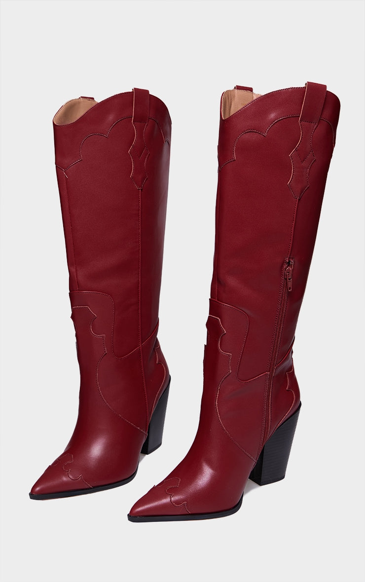 Burgundy Wide Fit PU Point Toe Knee High Heeled Western Boots