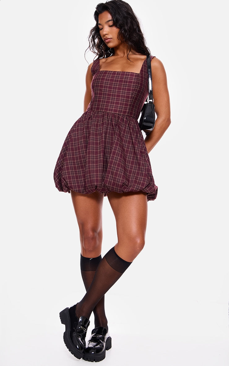 Burgundy Check Puffball Dress