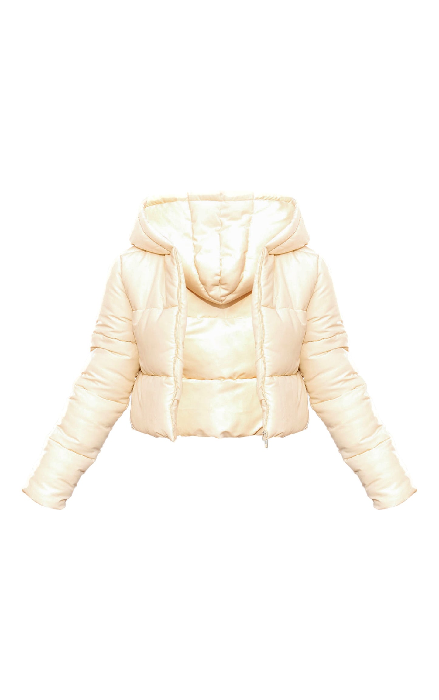 Cream Basic Hooded Zip Up Cropped Puffer Jacket