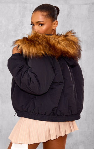 Slate Grey Faux Fur Detachable Hood Parka Coat