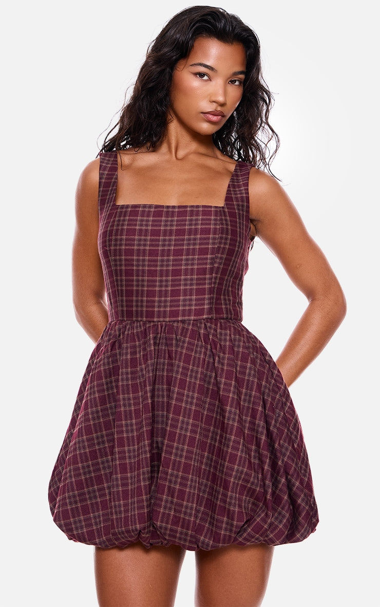 Burgundy Check Puffball Dress