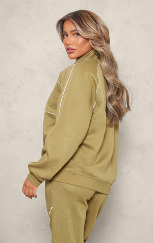 Ash Grey Oversized Contrast Piping Quarter Zip Sweatshirt