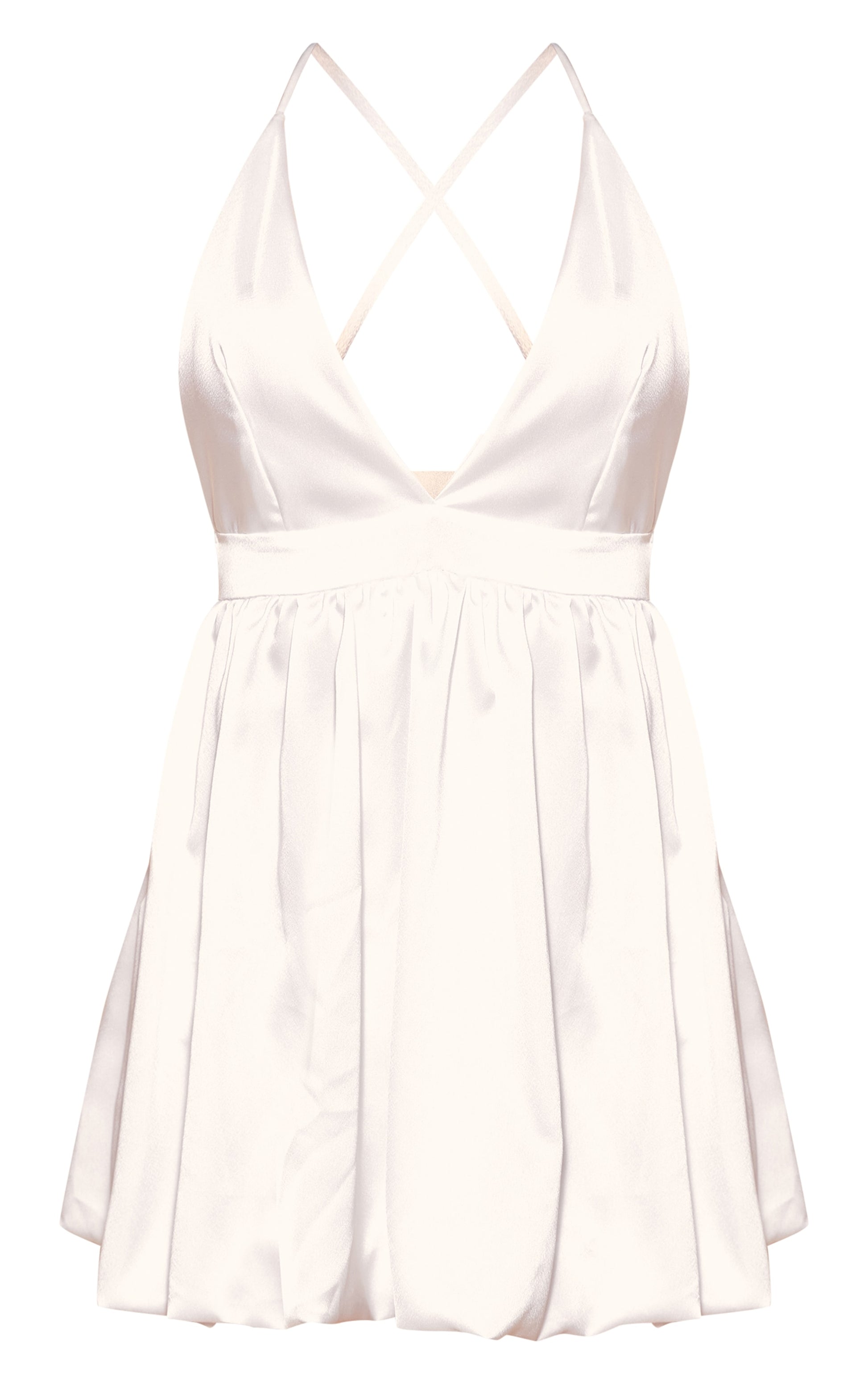 White Satin Plunge Puffball Mini Dress