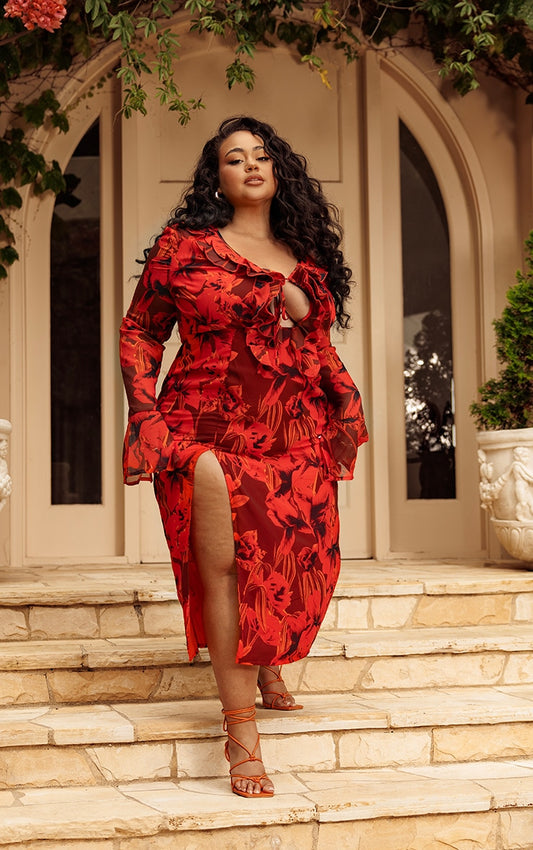 Plus Red Floral Print Chiffon Frill Midi Dress - HCWP 