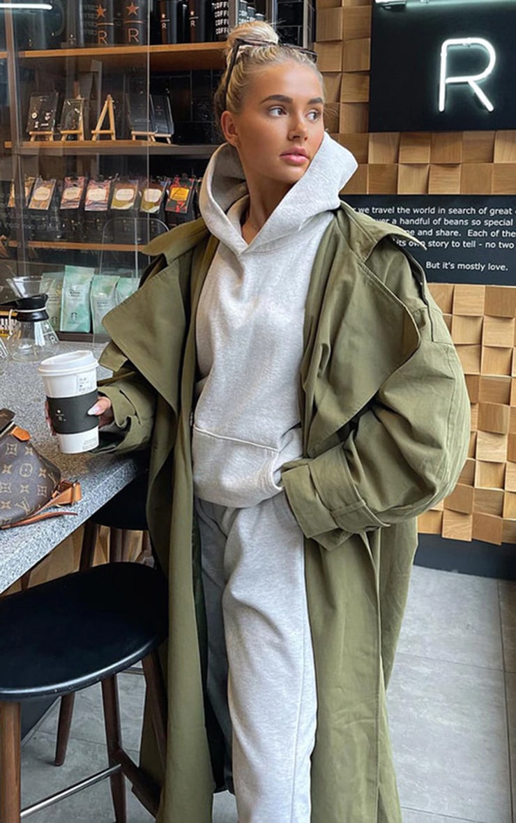 Khaki Woven Hooded Oversized Trench Coat