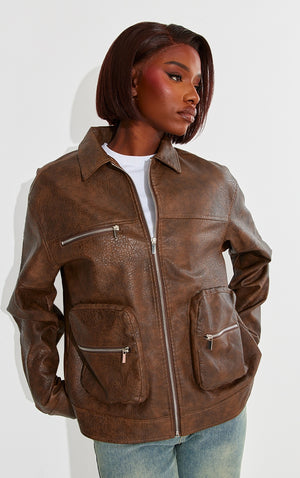 Tall Brown Faux Leather Oversized Utility Jacket