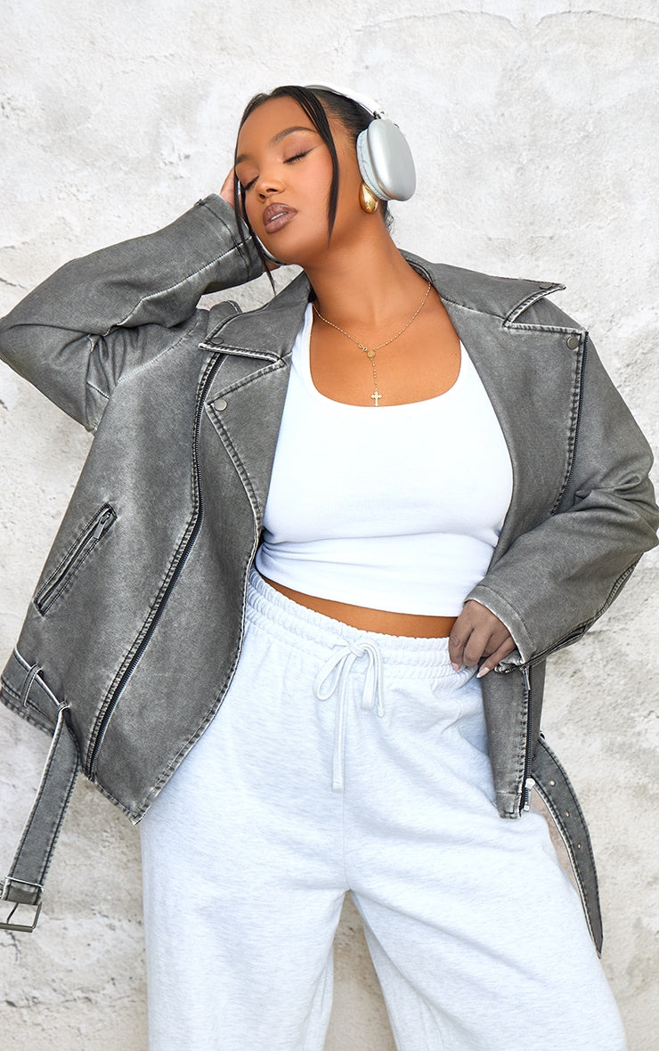 Plus Charcoal Distressed Look Faux Leather Longline Biker Jacket