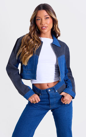 Dark Blue And Black Contrast Panel Cropped Denim Jacket