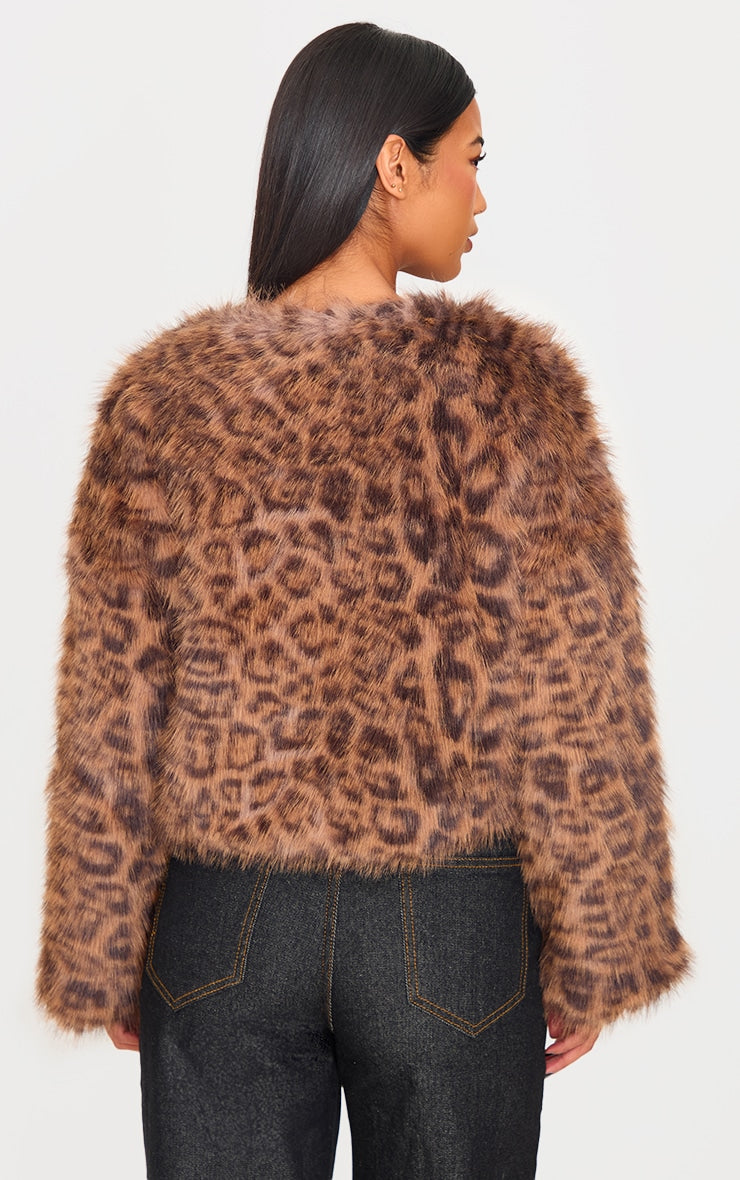 Brown Collarless Leopard Print Faux Fur Coat