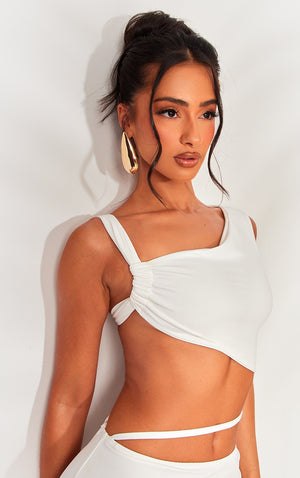 Petite White Soft Touch Asymmetric Neck Crop Top