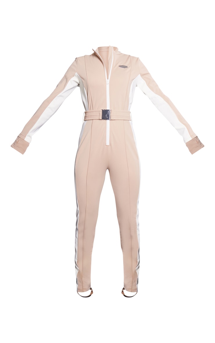 PRETTYLITTLETHING SKI Beige Belted Fitted Scuba Suit