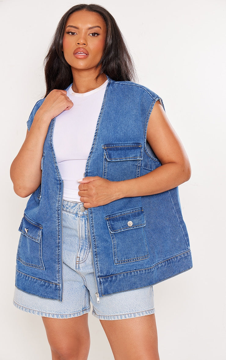 Plus Blue Zip Up Denim Cargo Gilet