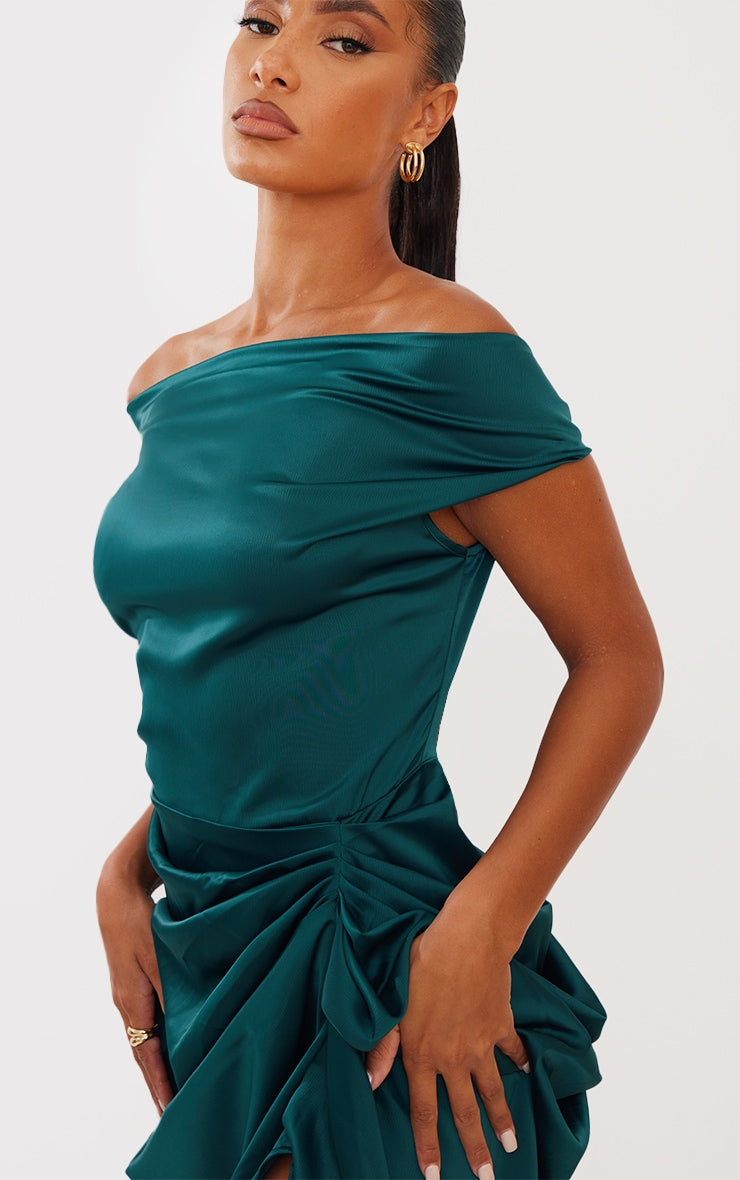 Sage Green Satin Off The Shoulder Draped Skirt Midi Dress