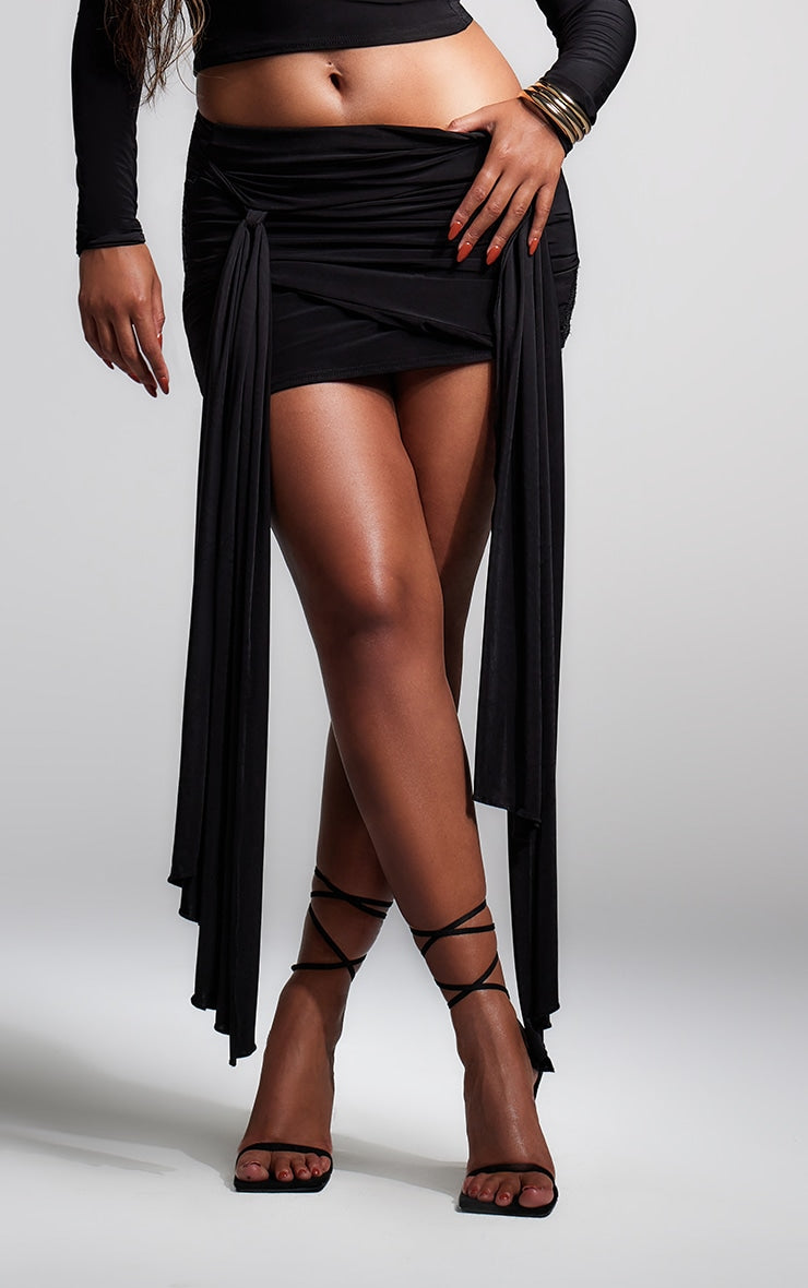 Black Slinky Tie Knot Detail Mini Skirt