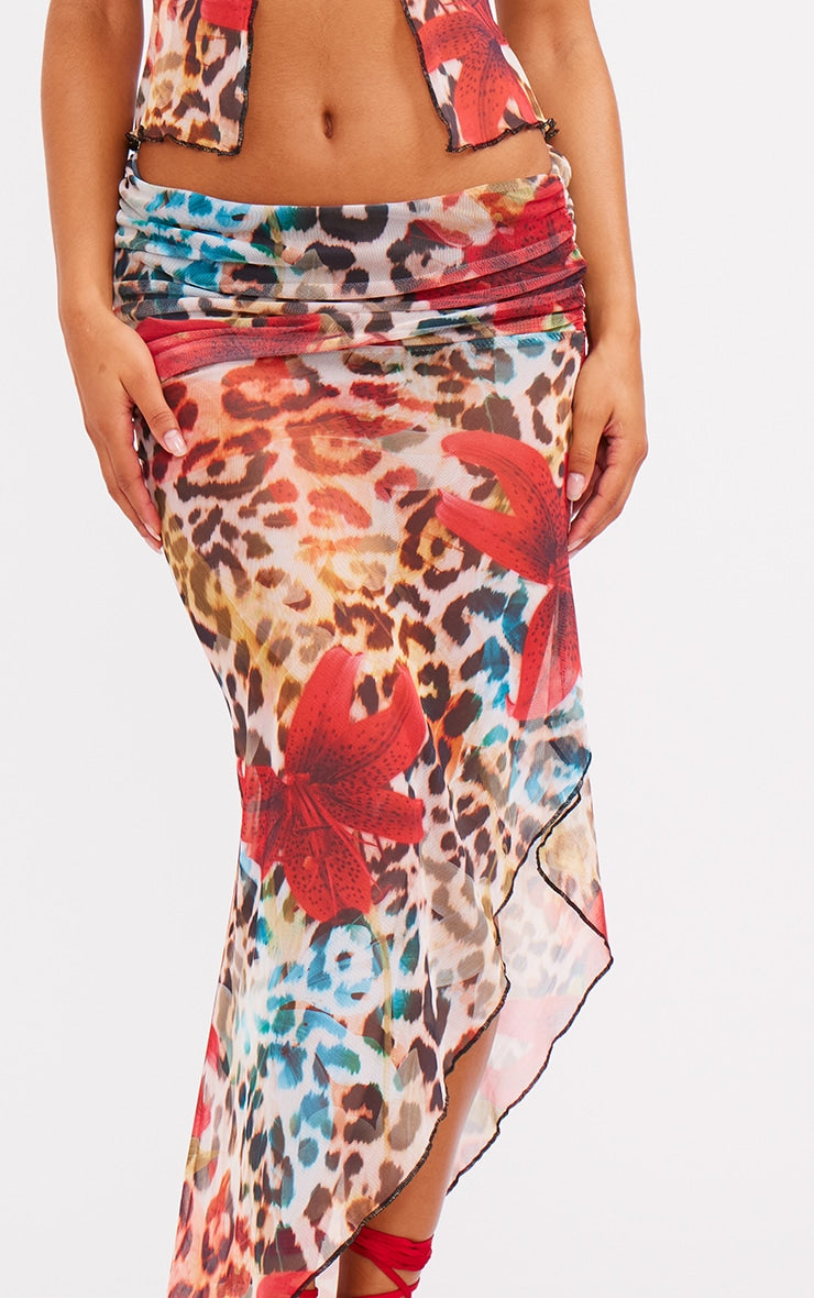 Leopard Floral Print Mesh Ruffle Maxi Skirt