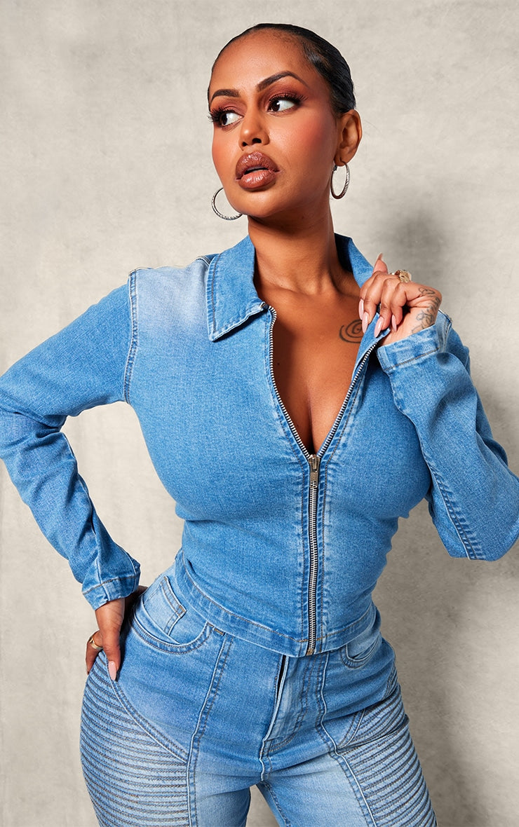 Shape Light Blue Denim Cropped Zip Through Jacket