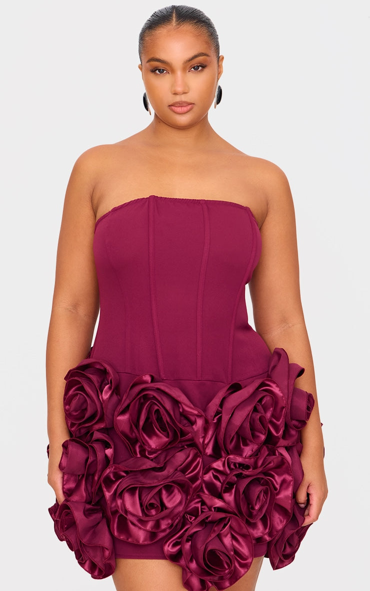 Plus Burgundy Boned Corset Flower Detail Bodycon Dress