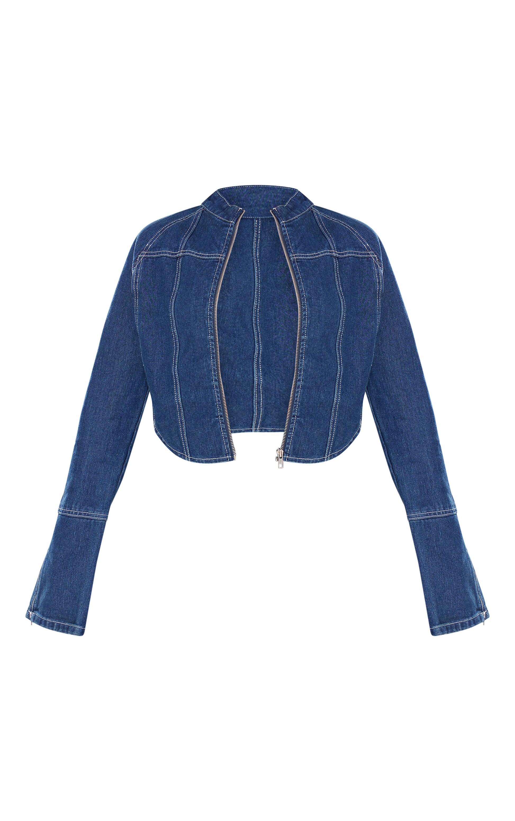 Plus Indigo Blue Wash Zip Up Cuff Detail Denim Jacket