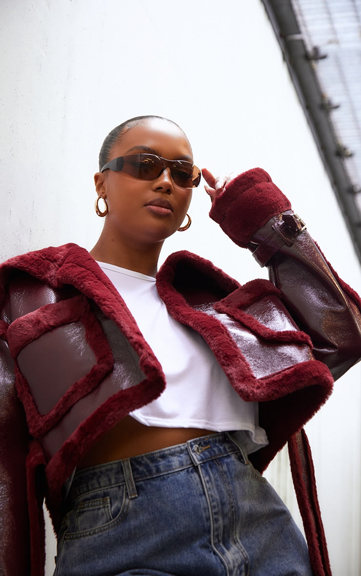 Plus Cherry Red Vinyl Faux Fur Trim Tie Waist Cropped Coat