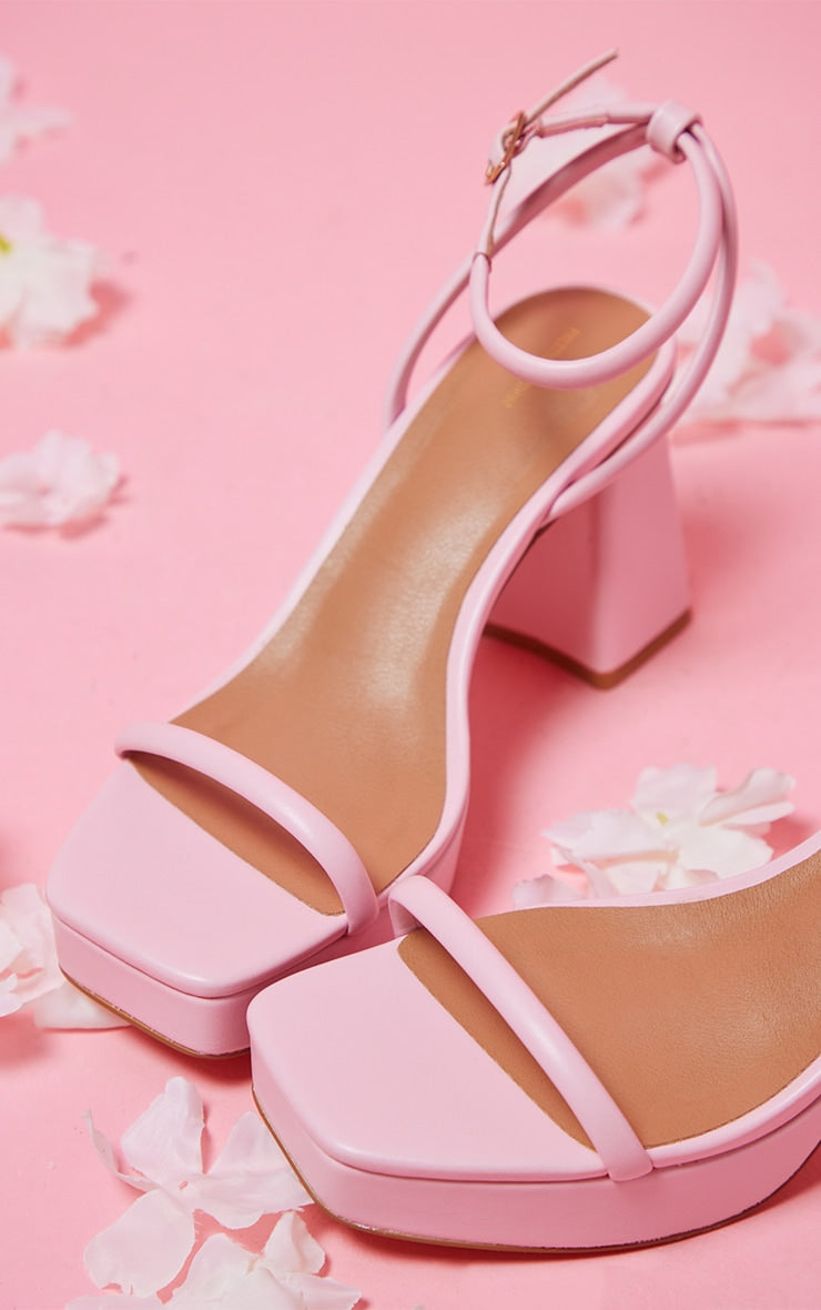 Pink Pu Square Toe Tube Barely There Platform Heels