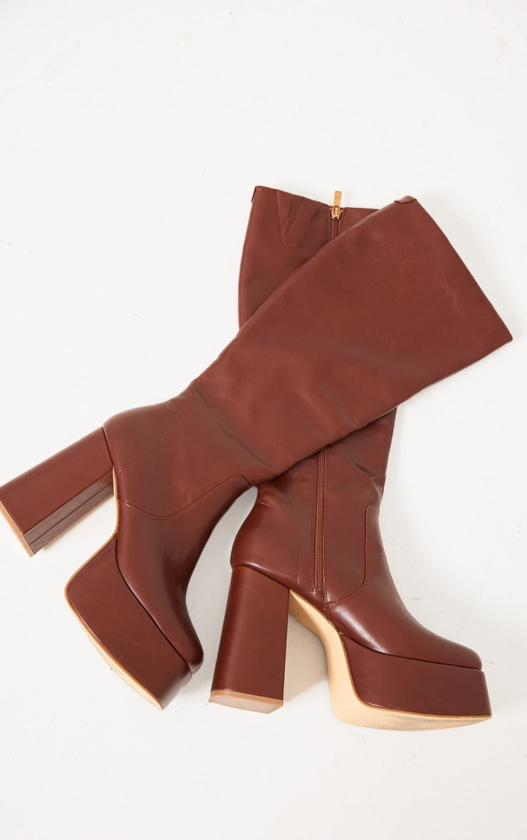 Chocolate Burnish PU 70s Platform Knee High Block Heel Boots