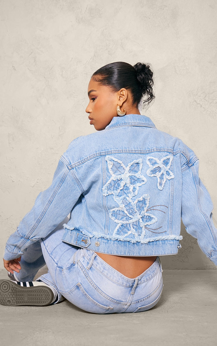 Light Blue Wash Distressed Flower Detail Denim Jacket