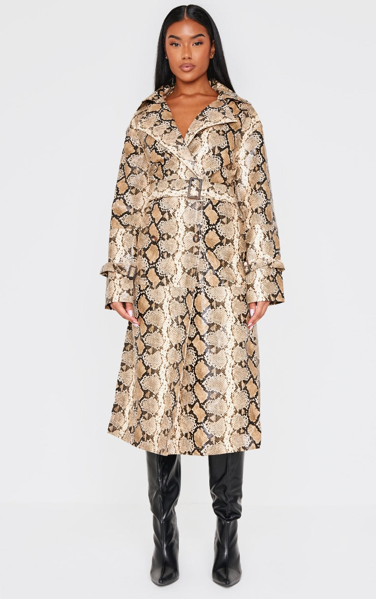 Beige Snake Faux Leather Coat