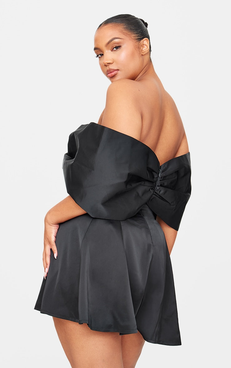 Plus Premium Black Satin Extreme Bow Detail Playsuit