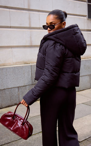 Black Basic Hooded Zip Up Cropped Puffer Jacket