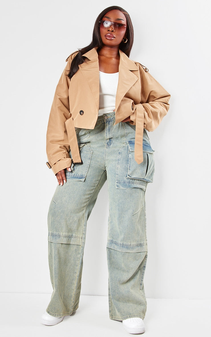 Plus Taupe Belted Cropped Trench Coat