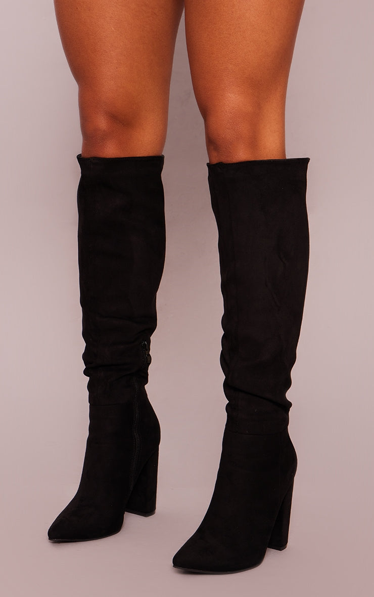 Black Faux Suede Point Toe Knee High Block Heel Boots