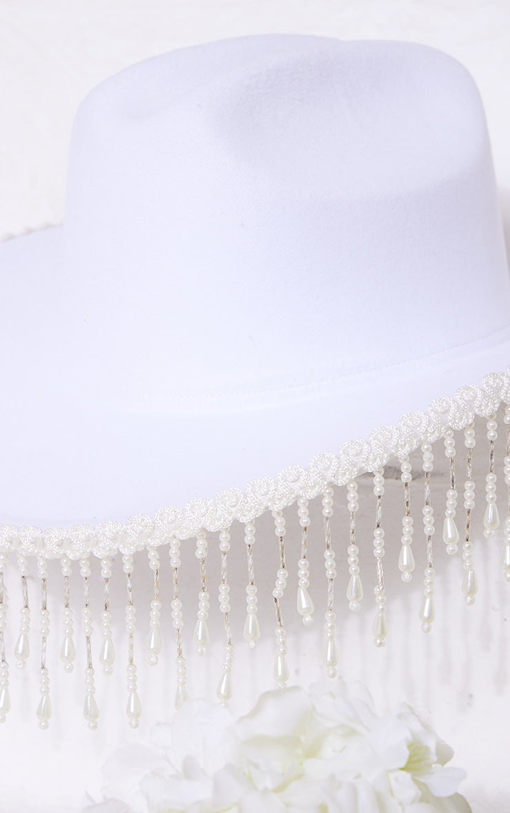 White Pearl Tassel Detail Bridal Cowboy Hat