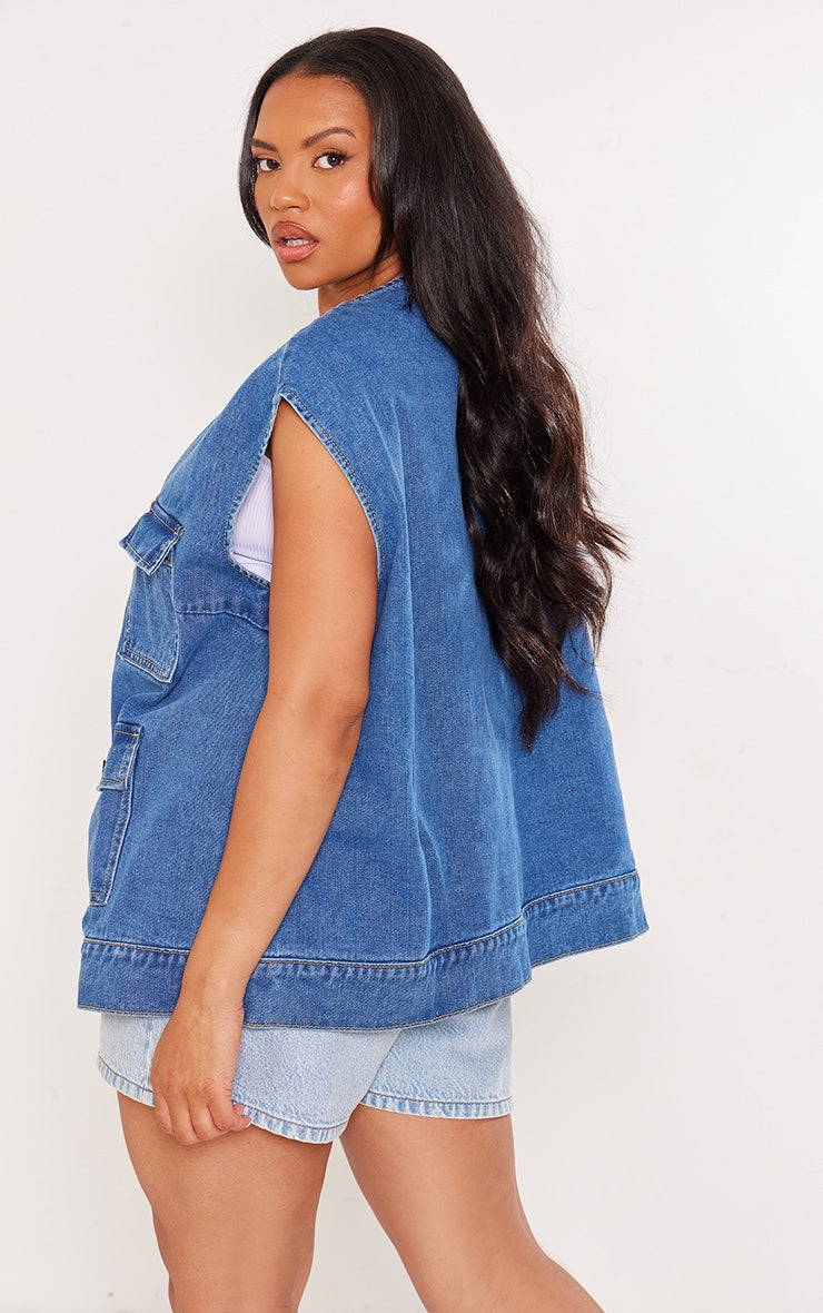 Plus Blue Zip Up Denim Cargo Gilet