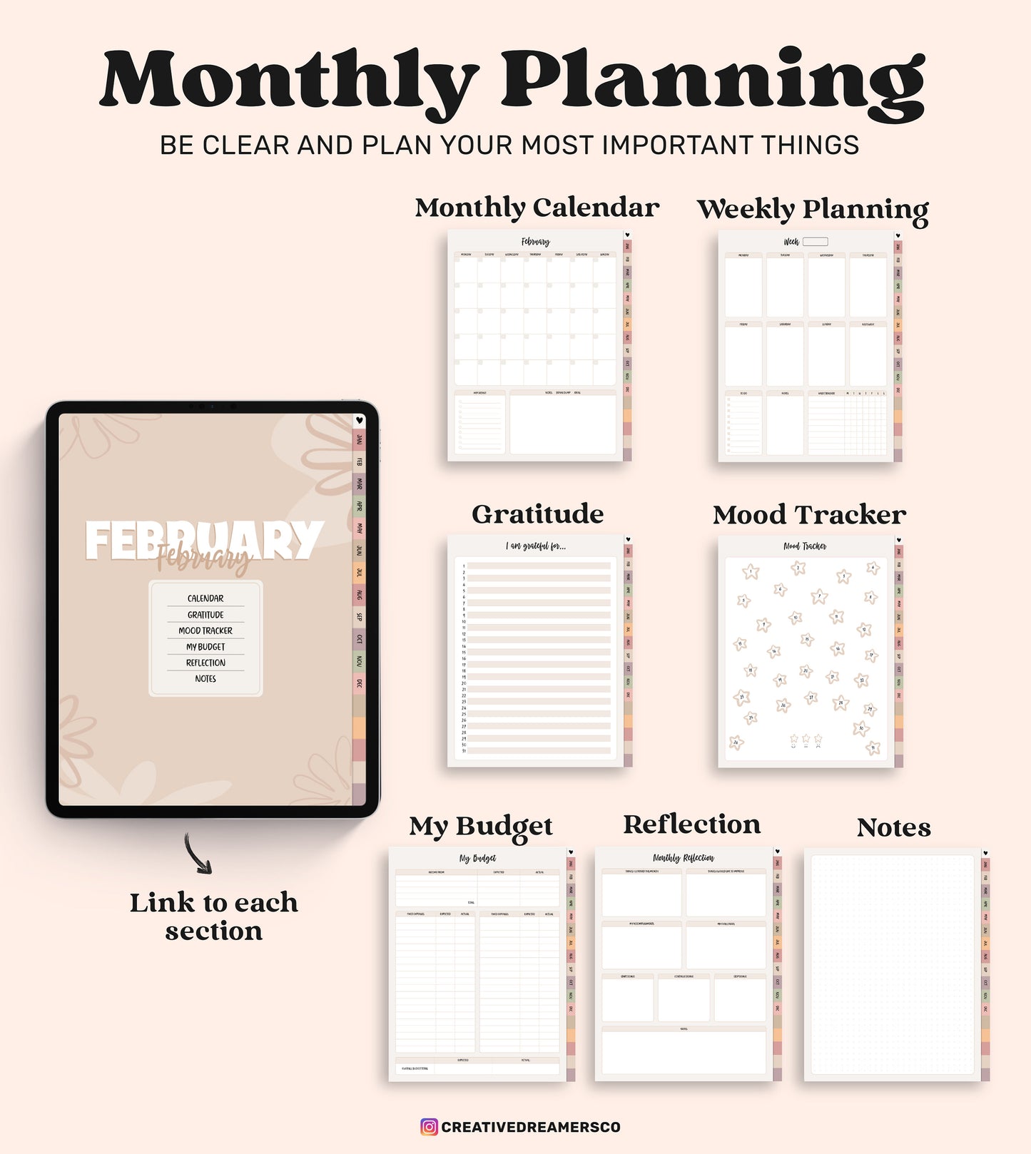 Undated Goodnotes Planner, Monthly Digital Planner, Goodnotes Template, iPad Planner, Digital Journal Pdf, Goodnotes Stickers Boho, Simple