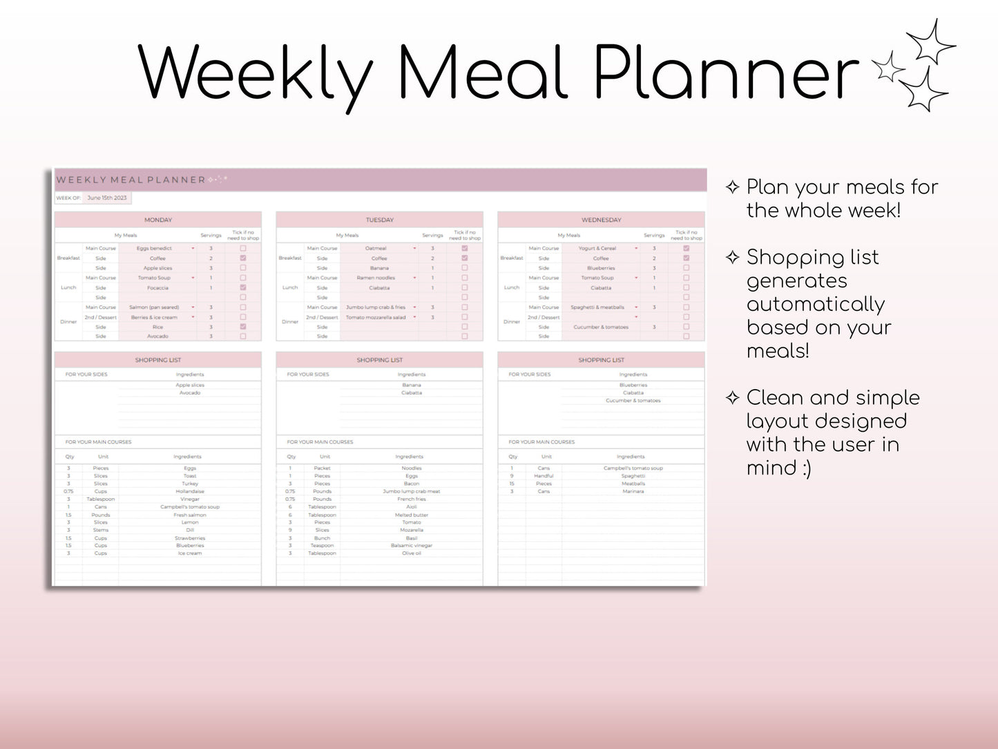 Weekly Meal Planner and Grocery List | Google Sheets Digital Template | Automated Shopping List | Food Prep | Printable Digital Meal Planner