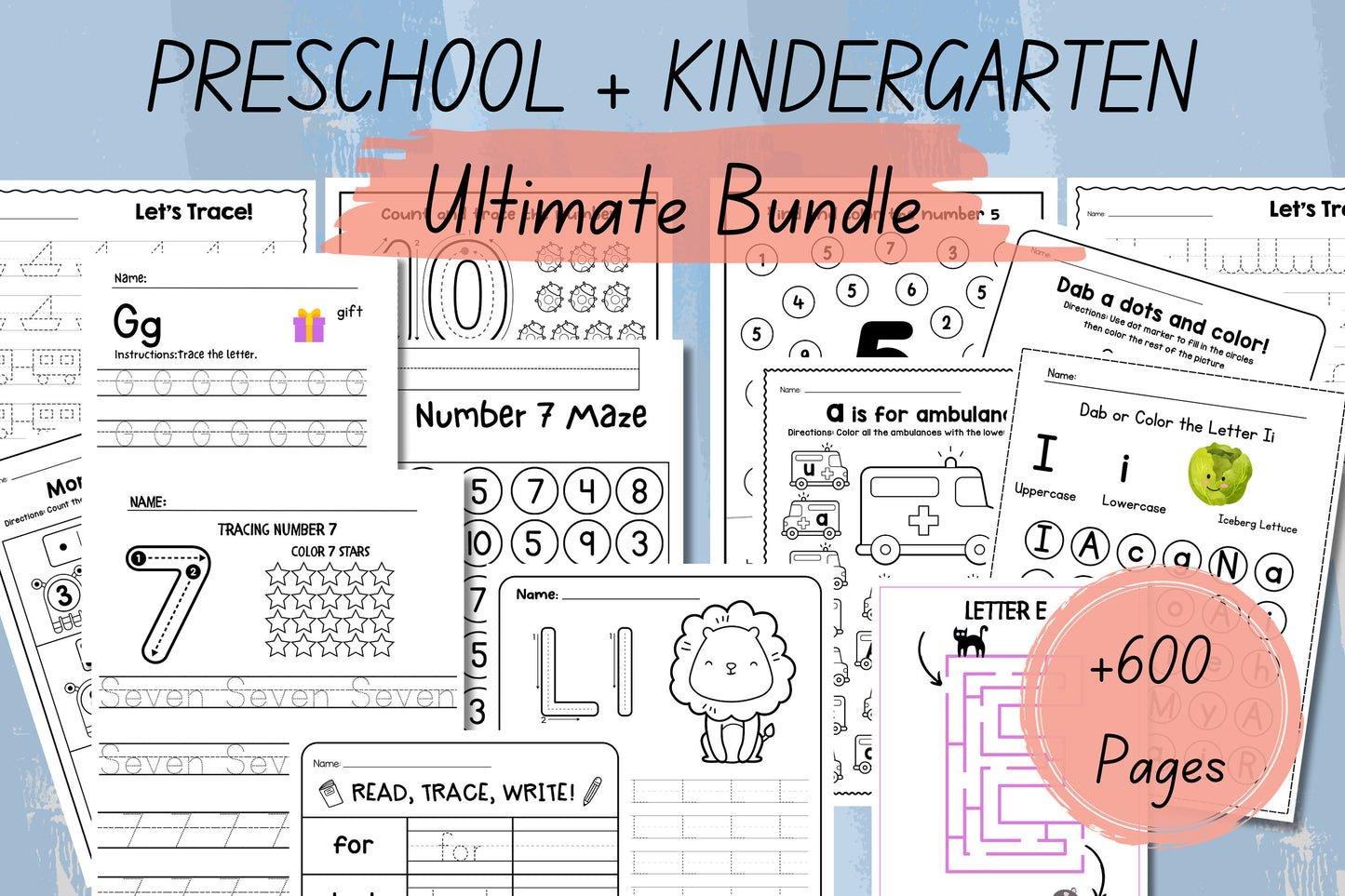 Preschool Pre-K   Kindergarten Learning Bundle |  600 Pages | Printable Activity Worksheets | Coloring | Dot To Dot | Tracing | Alphabet