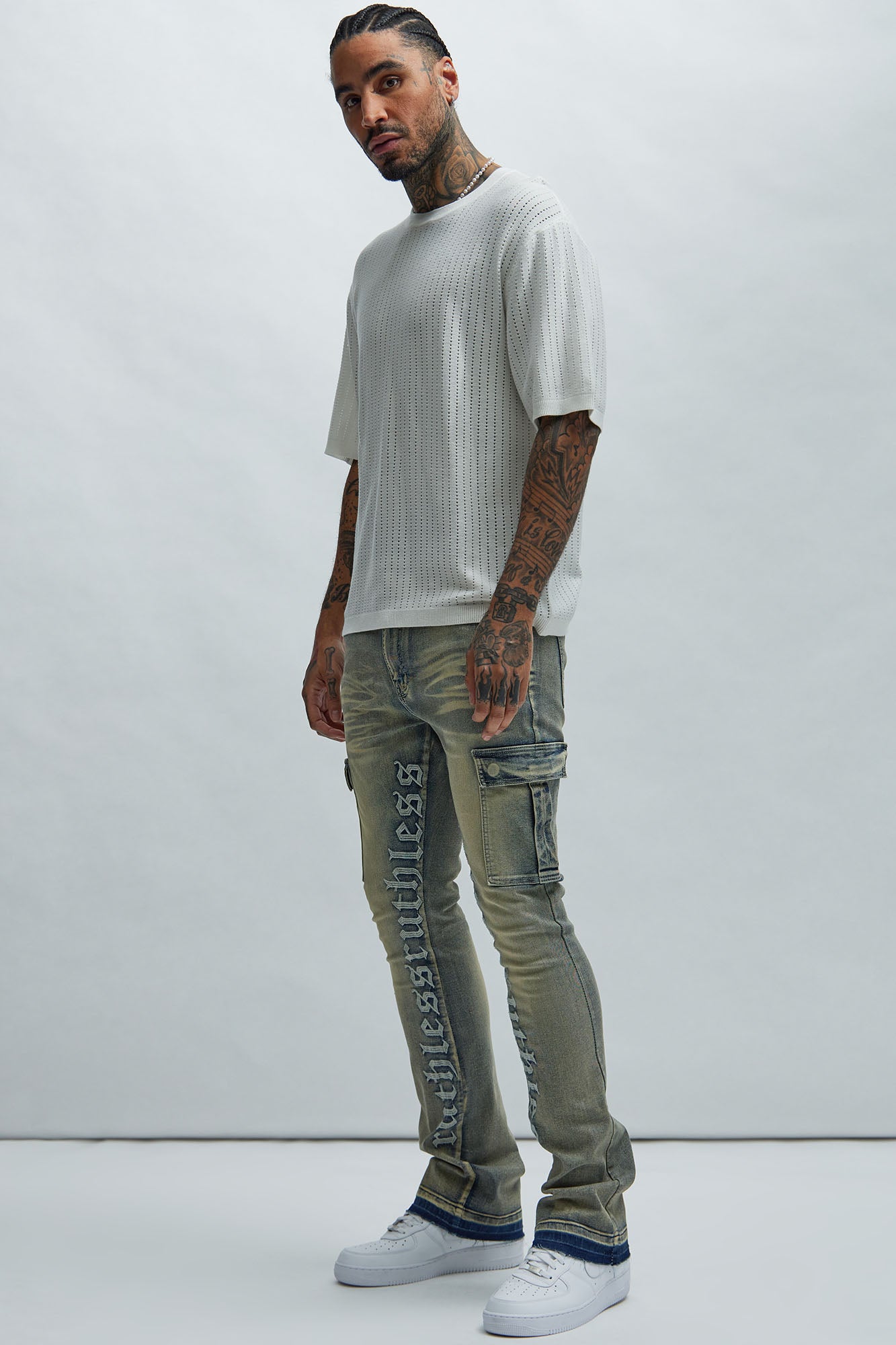 Ruthless Embroidered Stacked Skinny Cargo Flare Jeans - Medium Wash - HCWP 