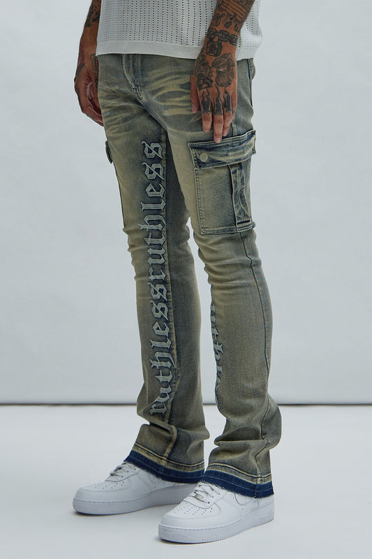 Ruthless Embroidered Stacked Skinny Cargo Flare Jeans - Medium Wash - HCWP 
