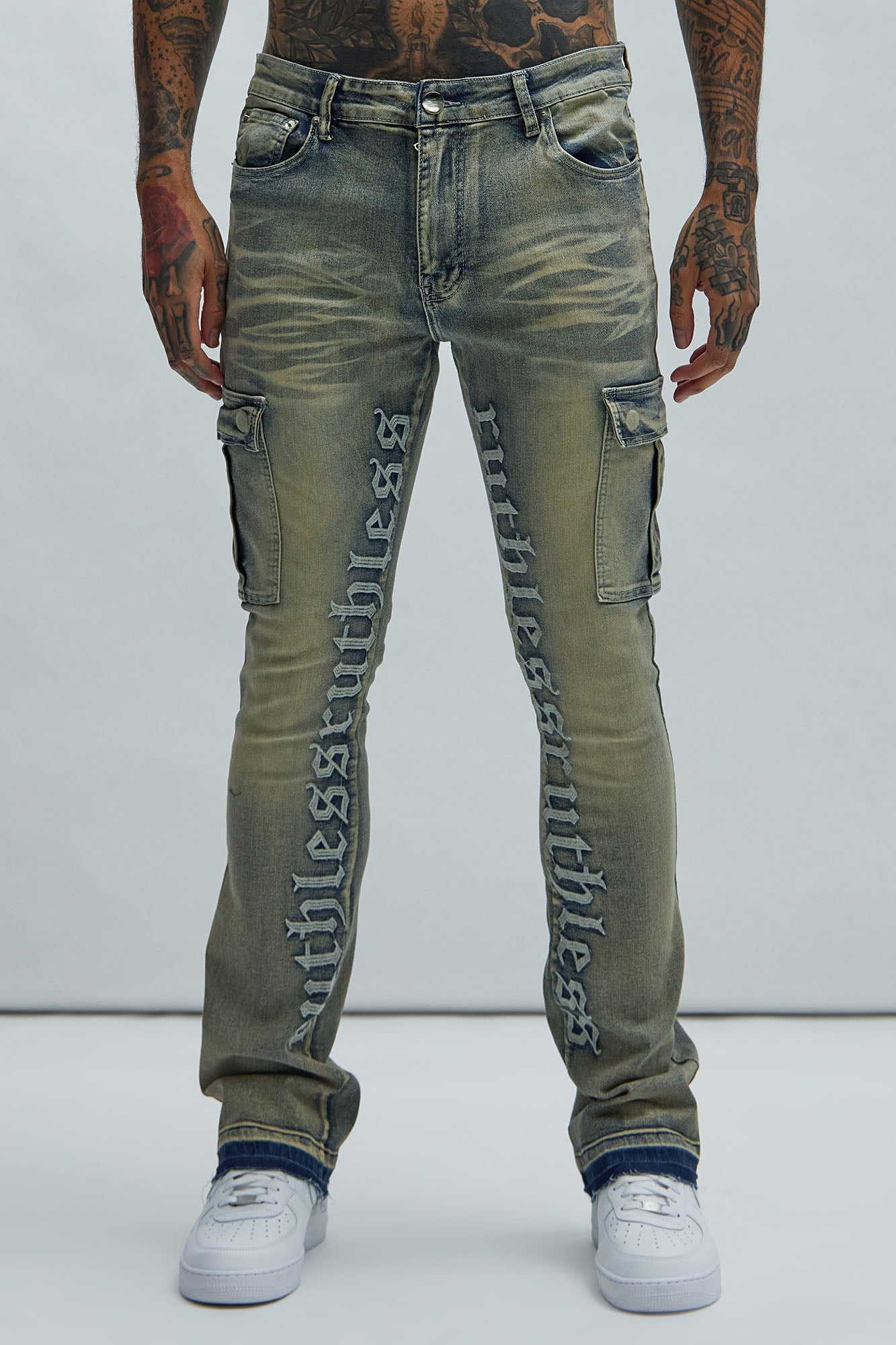 Ruthless Embroidered Stacked Skinny Cargo Flare Jeans - Medium Wash - HCWP 