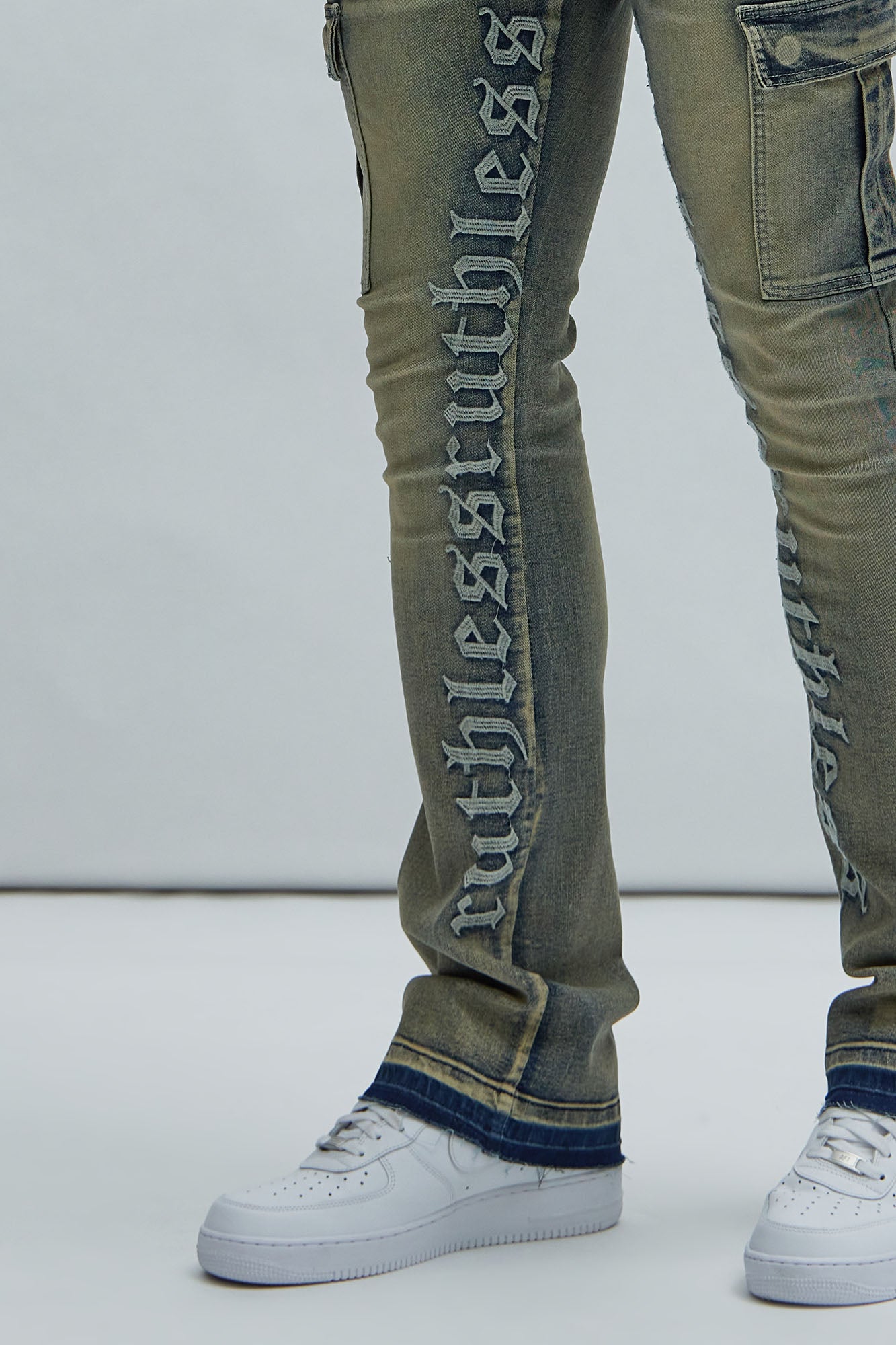 Ruthless Embroidered Stacked Skinny Cargo Flare Jeans - Medium Wash - HCWP 