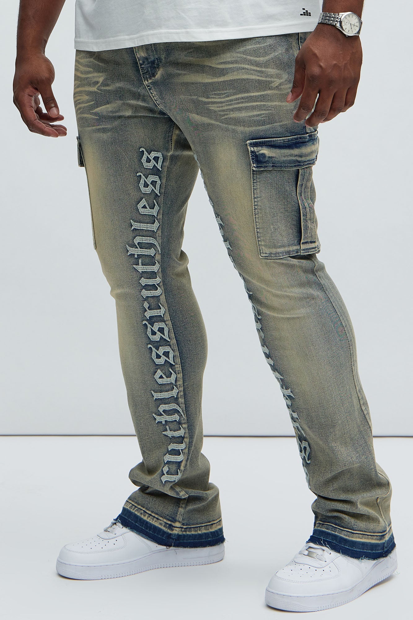 Ruthless Embroidered Stacked Skinny Cargo Flare Jeans - Medium Wash - HCWP 
