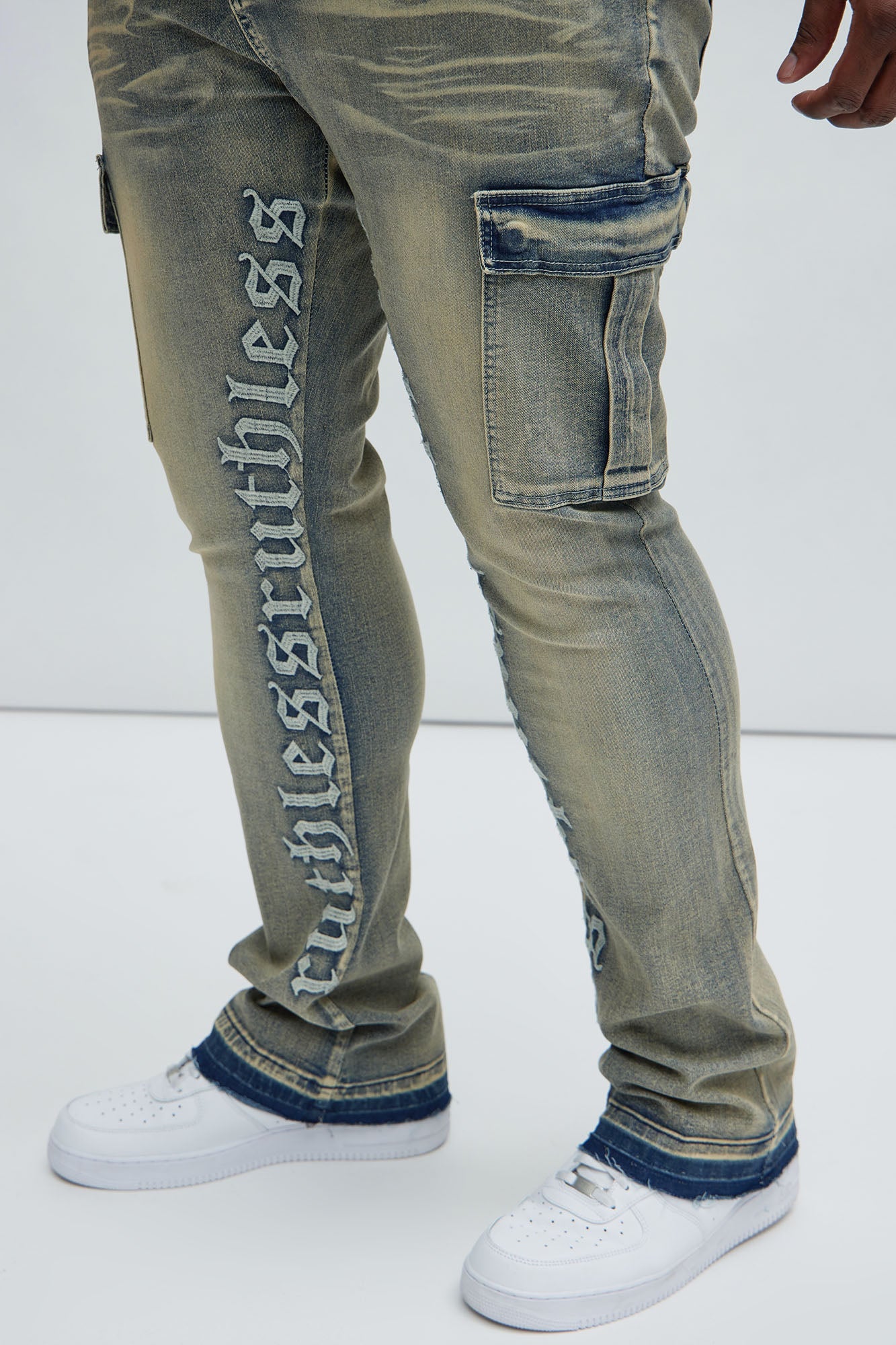 Ruthless Embroidered Stacked Skinny Cargo Flare Jeans - Medium Wash - HCWP 