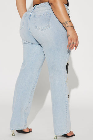 Charley PU Patch Straight Leg Jeans - Light Wash - HCWP 