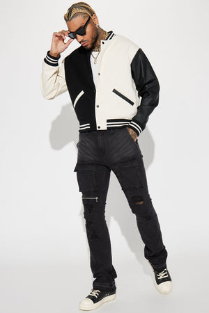 For The Books Faux Leather Sleeves Colorblock Varsity Jacket - Black/combo - HCWP 